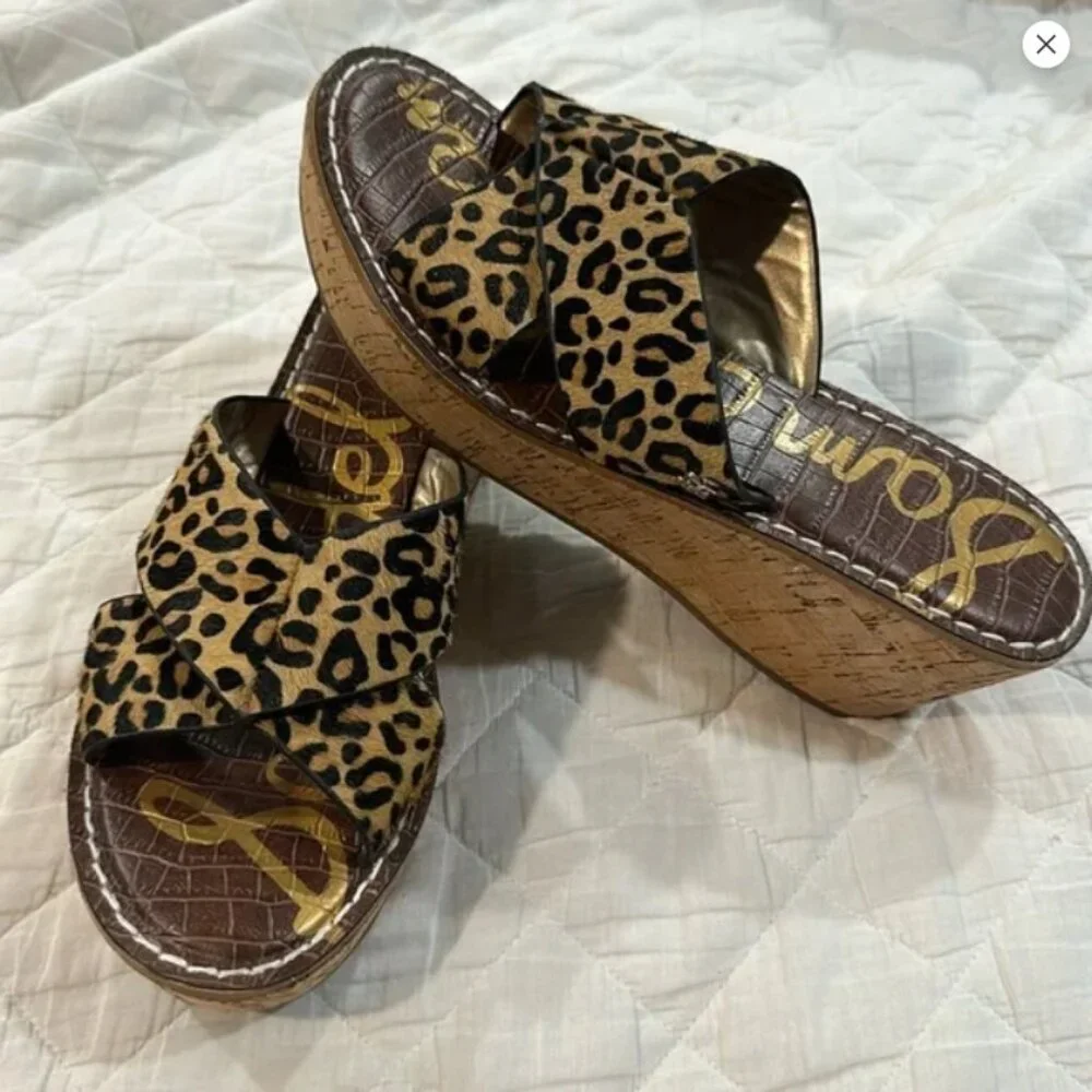 Sam Edelman Leopard Cork Wedge Sandals - Picture 2 of 4